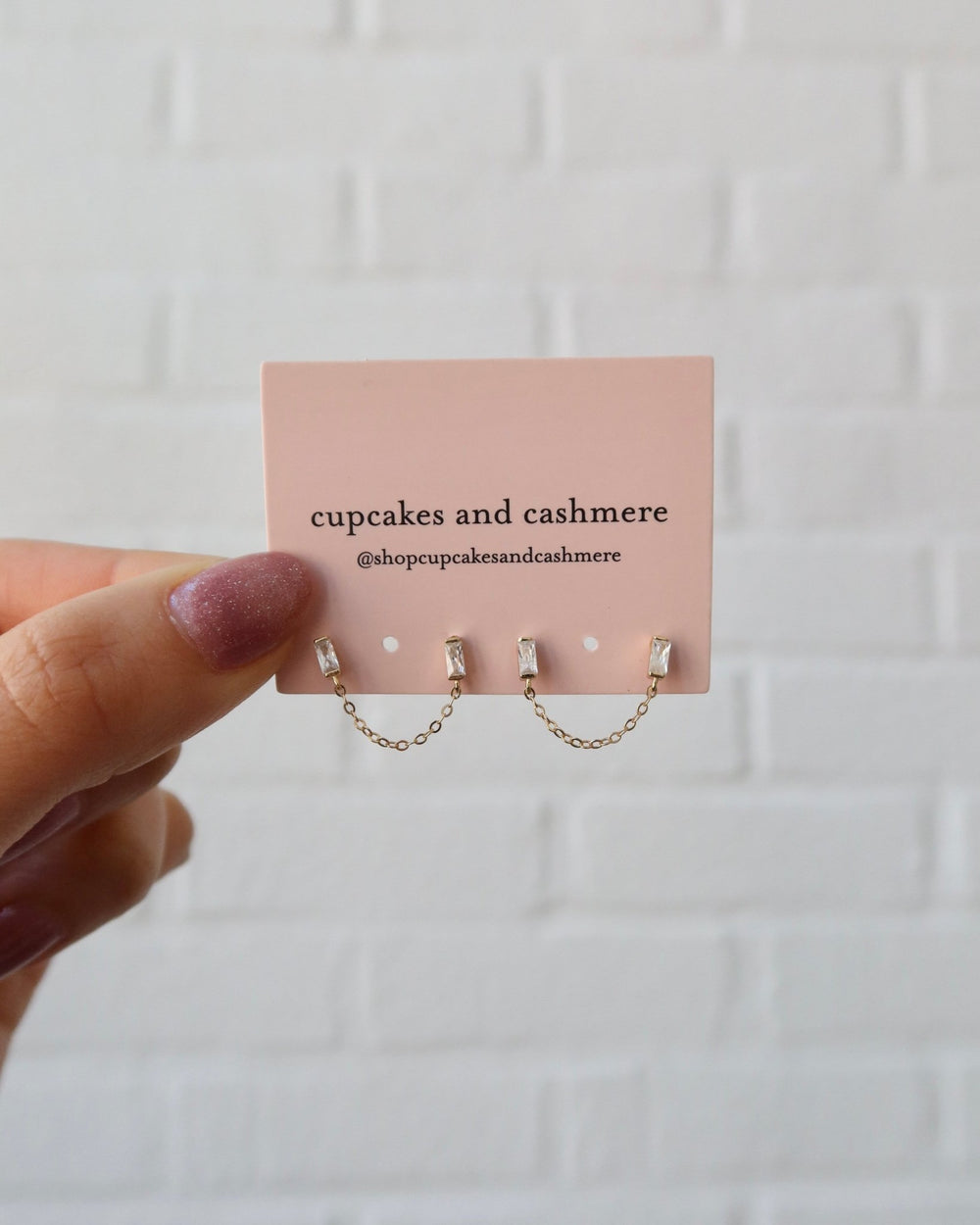 NATALIE BAGUETTE DOUBLE CHAIN STUDS (WHITE) - Shop Cupcakes and Cashmere