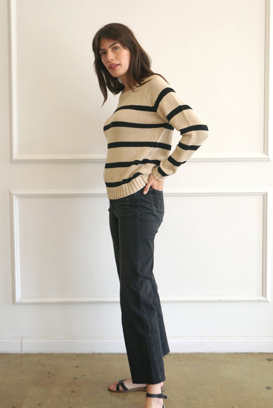 SLOANE CREWNECK IN SAND STRIPE - Shop Cupcakes and Cashmere